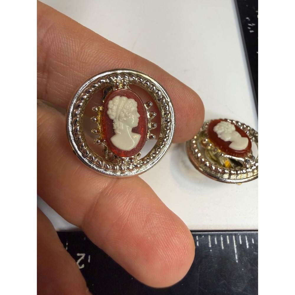 Vintage Cameo Clip On Earrings Silver Tone Red Brown White Profile Portrait